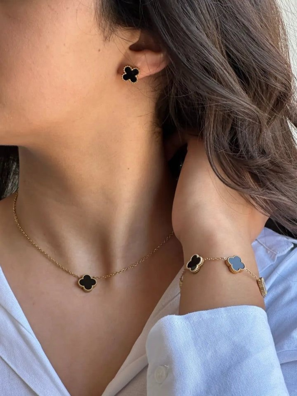 3 Piece Set - Black Onyx Clover Necklace, Bracelet & Stud Earrings